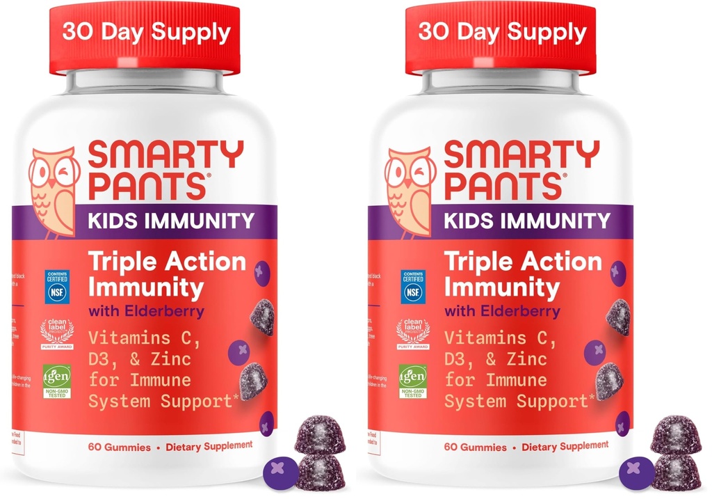 SmartyPants Kids Immunity Elderberry Gummies: Kids Immune Support Supplement, Vitamin C, Vitamin D, Vitamins B6 & B12 and Zinc, Gluten Free, Elderberry Flavor, 60 Count (30 Day Supply) (Pack of 2)
