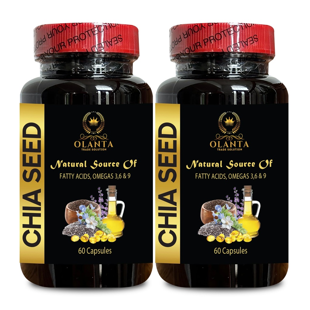 CHIA Seed Extract Oil - chia Seeds Gluten Free, Omega 3, 6, 9 & Other Essential Fatty Acids, Cold-Pressed, Metabolism Support, Energy Booster - 2 Bottles 120 Capsules