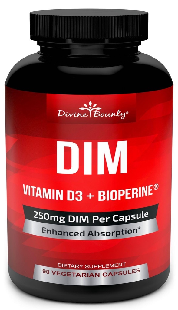 DIM 补充250mg,配有维生素D3 Plus BioPerine - Diindolylmethane Menopause & 雌激素支持,Hormone 对男女的平衡支持 - 90 植物帽