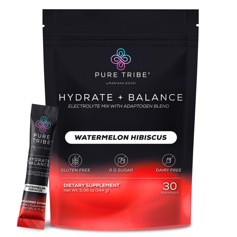 Instant Hydration Electrolytes Powder Packets with Magnesium & Salt – Zero Sugar Hydration Packets with 6 B Vitamins & Adaptogens – Watermelon Hibiscus Electrolyte Drink Mix – 30 Servings
