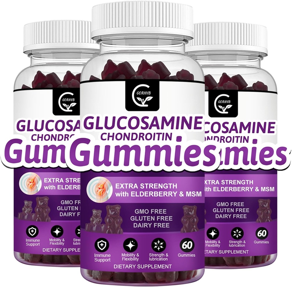 Glucosamine Chondroitin Gummys配有MSM & Elderberry – 超强流动性和灵活性支持,成人、男女抗氧化剂免疫补充剂-60 Condroitin Gummys(3包)