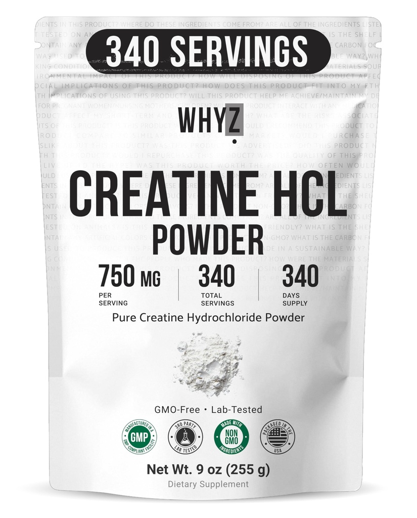 Pure Creatine HCL Powder Unflavored HCL Creatine Supplement for Men and Women Supports Muscle Strength Endurance Energy Cognitive Support & Cellular Hydration Easy to Mix Non-GMO, 9 oz (255 g)