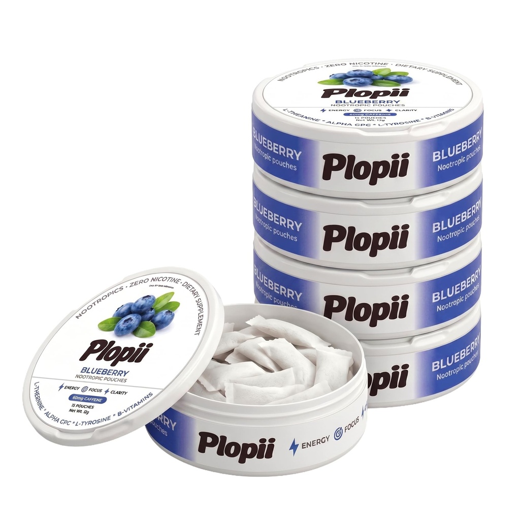 Plopii Caffeine Focus & Energy Nootropic Pouches | Alpha GPC, L-Theanine, L-Tyrosine, Ginseng, Vitamin B6 + B12 | No Jitters, No Crash | Tobacco-Free, Nicotine-Free (Blueberry)