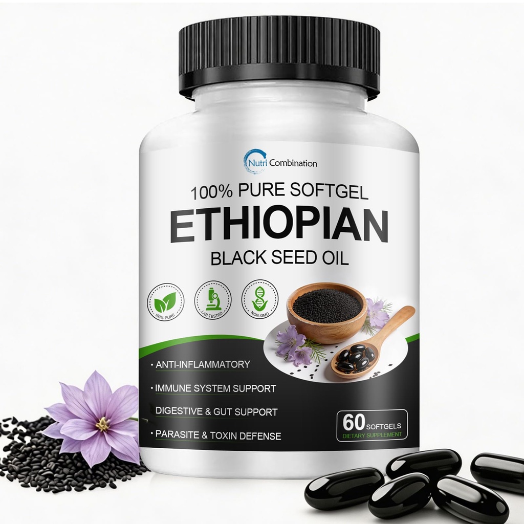 Ethiopian Black Seed Oil Capsules with 4.64% Thymoquinone, Immune Support & Digestion & Energy Booster, Gluten-Free, Non-GMO, 60 Softgels
