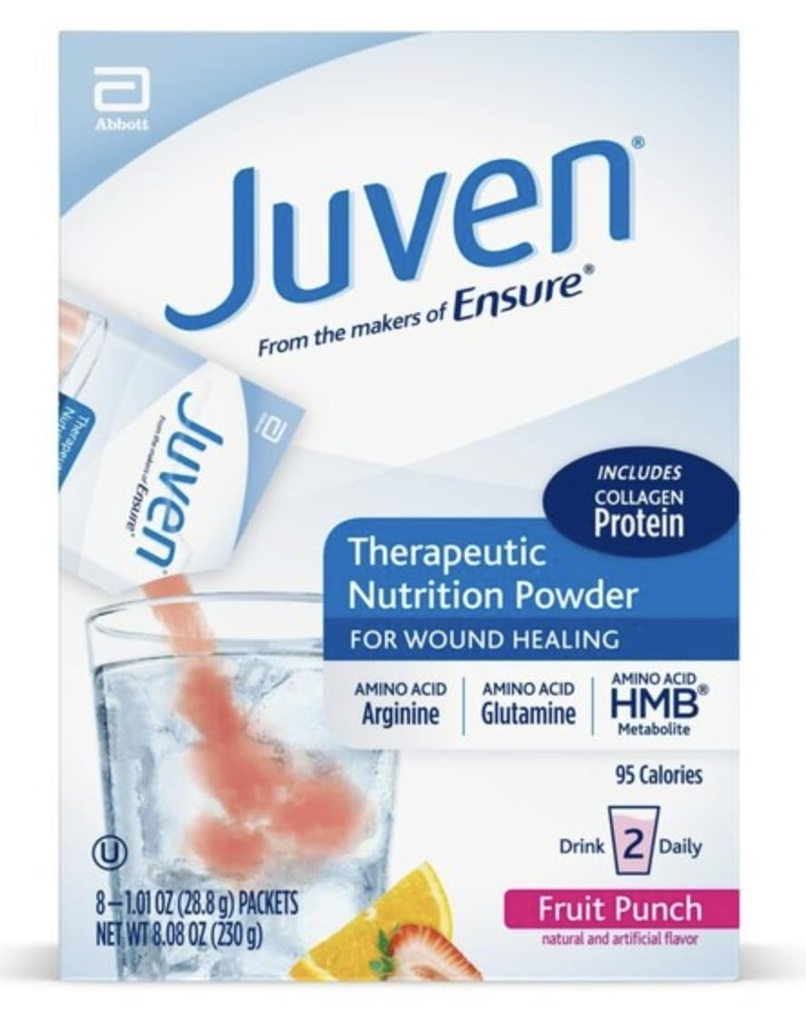 Juven Therapeutic Nutrition Drink Powder Including Collagen Peptides, Amino Acids, and HMB for Wound Healing Support, Fruit Punch, 8 Packets