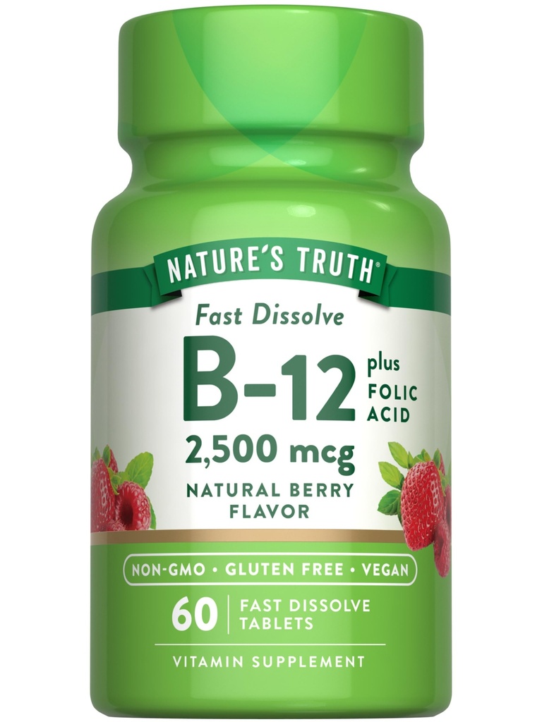 自然的真理 B12 维生素 QQ 60 快速溶解片 QQ 2500 mcg QQ 与Folic Acid QQ Vegan, Non-GMO & Gluten Free 相伴而成.