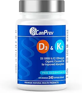 CanPrev D3 & K2 维生素 240 Softgels, 240-Day供应,1000IU 维生素 D3 & 120mcg K2, 支持坚固的骨头, 牙齿和心脏健康, 易与有机椰子油, 无 GMO, Gluten, Soy, Dairy