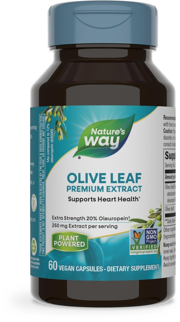Nature's Way Olive Leaf, Premium 提取, 支持心脏健康*, 20% Oleuropein, 每服250毫克, 非GMO项目验证, 60 Vegan Capsules(包装 May Vary)