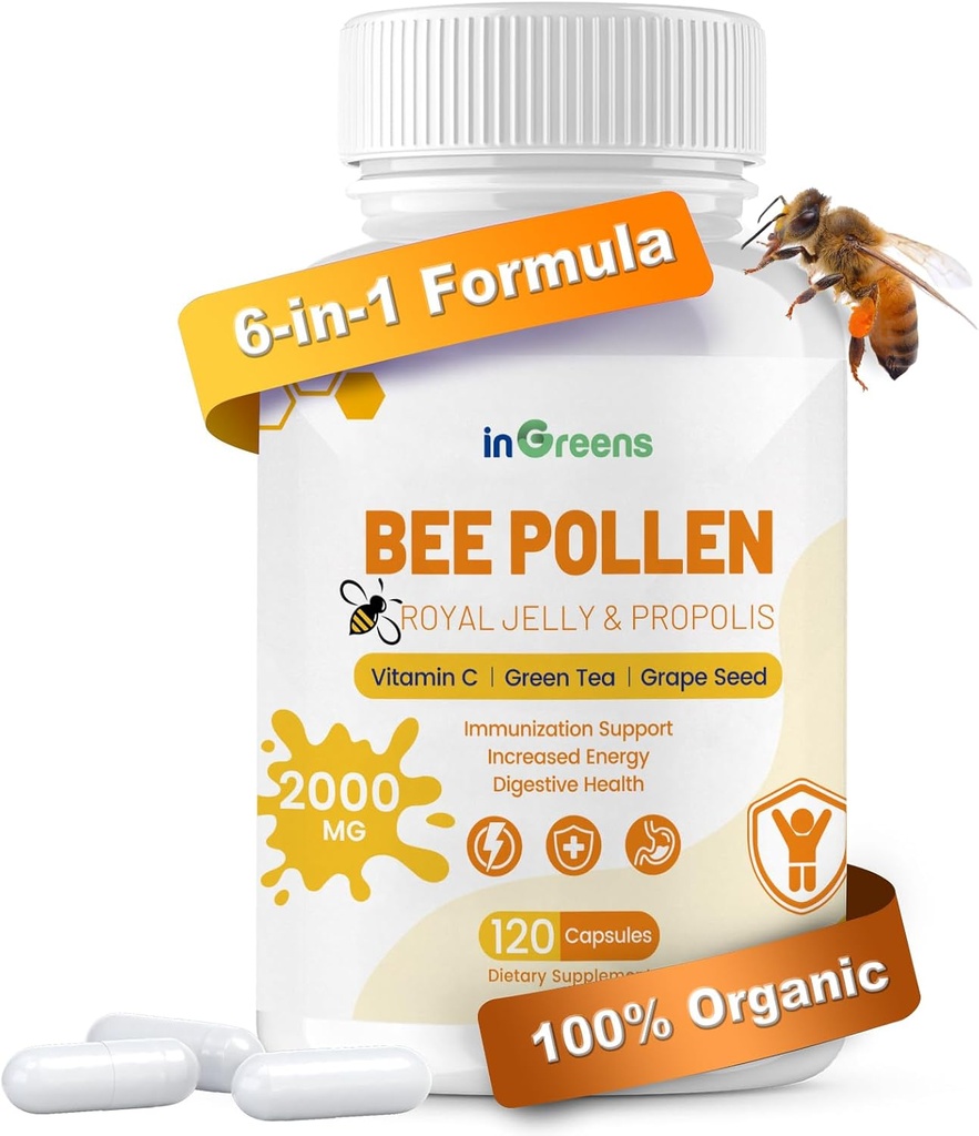 6-in-1 Bee Pollen Supplement, Bee Pollen for Women & Men, Imune & Energy Support, Non-GMO, Made in America, 120 Capsules (英语).
