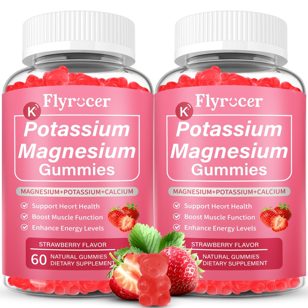 2 Pack Potassium Magnesium Gummies for Men & Women, Potassium Magnesium Supplement for Leg Cramps, Muscle Health, & Electrolyte Balance, Strawberry Flavor, 120 Gummies