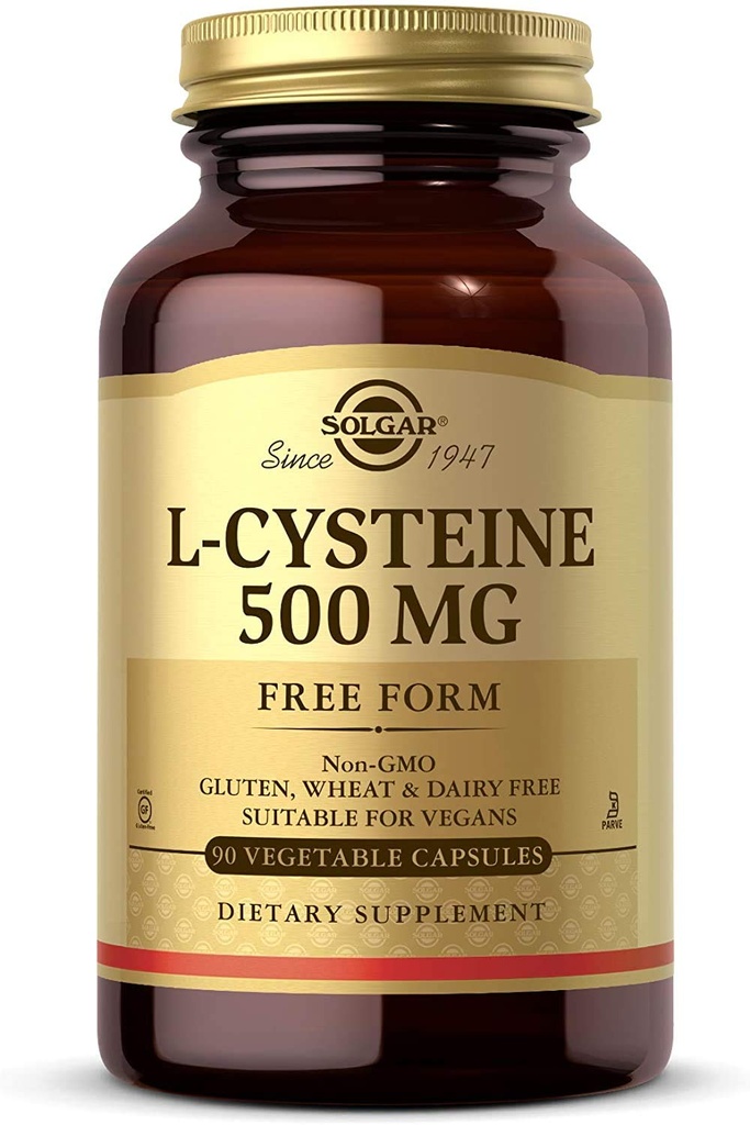 Solgar L-Cysteine 500 mg, 90 蔬菜罐头 - 自由形态 氨基酸 - Keratin 支持皮肤,毛发和钉子 - Glutathione 支持 - Vegan, Gluten 自由,奶制品自由,Kosher - 90 服务