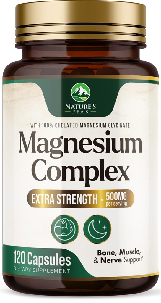 Magnesium Complex Supplement - Magnesium 500mg Per Serving - High Absorption Blend of Glycinate, Citrate, Malate, Oxide - Supports Sleep, Muscle, Bone, Heart Health - Bottled in USA - 120 Capsules