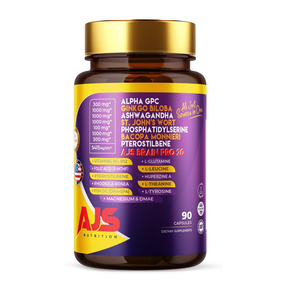 AJS Alpha GPC Nootropic Brain Supplement, Phosphatidylserine, St. John's Wort Ginkgo Biloba, Ashwagandha, Bacopa Monnieri, Pterostilbene, Magnesium Glycnit, Ginkgo Biloba, 5-MTHF, Huperzine A 60CT,90 胶囊