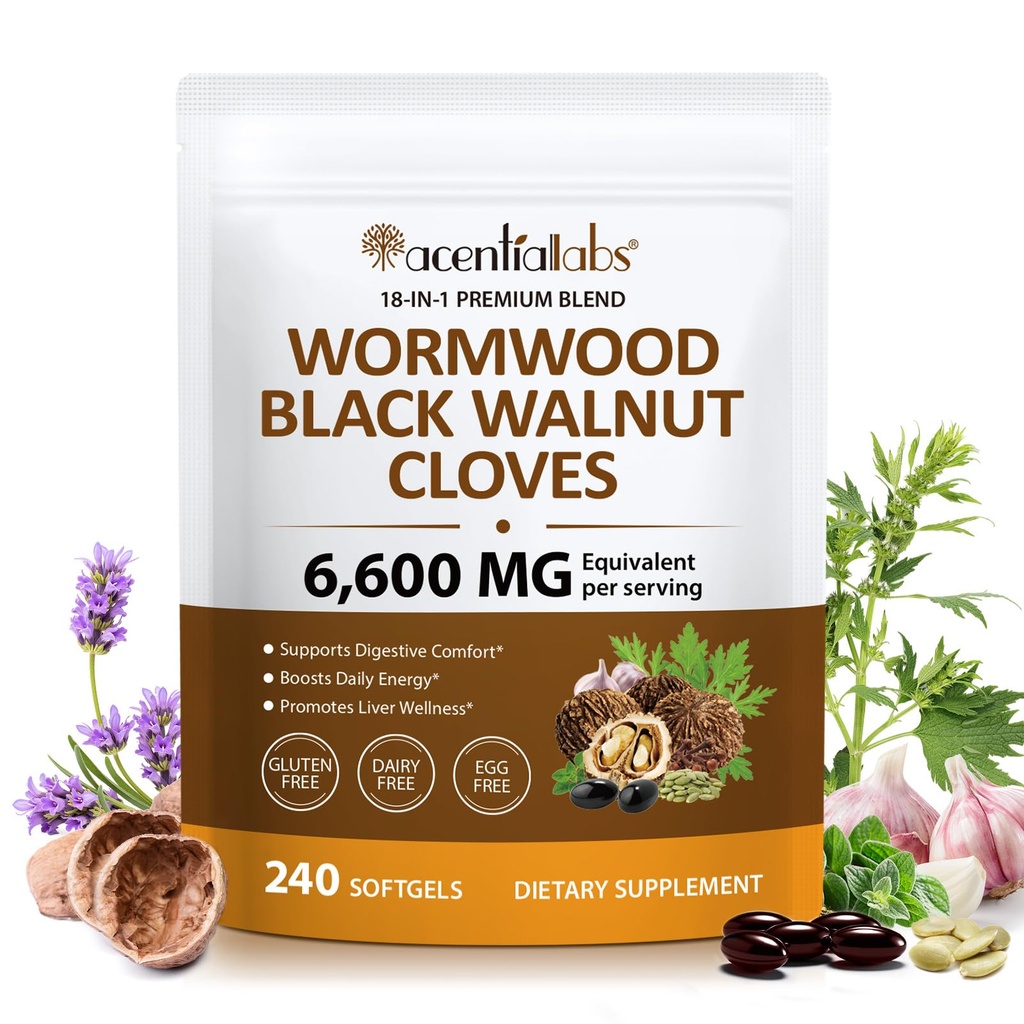Wormwood Black Walnut Clove Supplement, 240 Softgels with Pumpkin Seed & Garlic, Gluten-Free, Dairy-Free