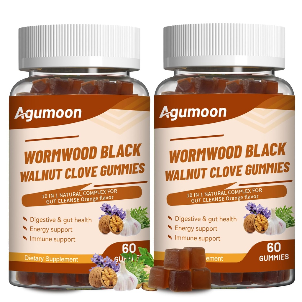 10-in-1 Wormwood Black Walnut Clove Gummies for Adults & Kids,Herbal Supplement for Gut Cleanse & Digestive Wellness with Garlic,Turmeric,Pumpkin Seed,Oregano,Moringa,120 Gummies