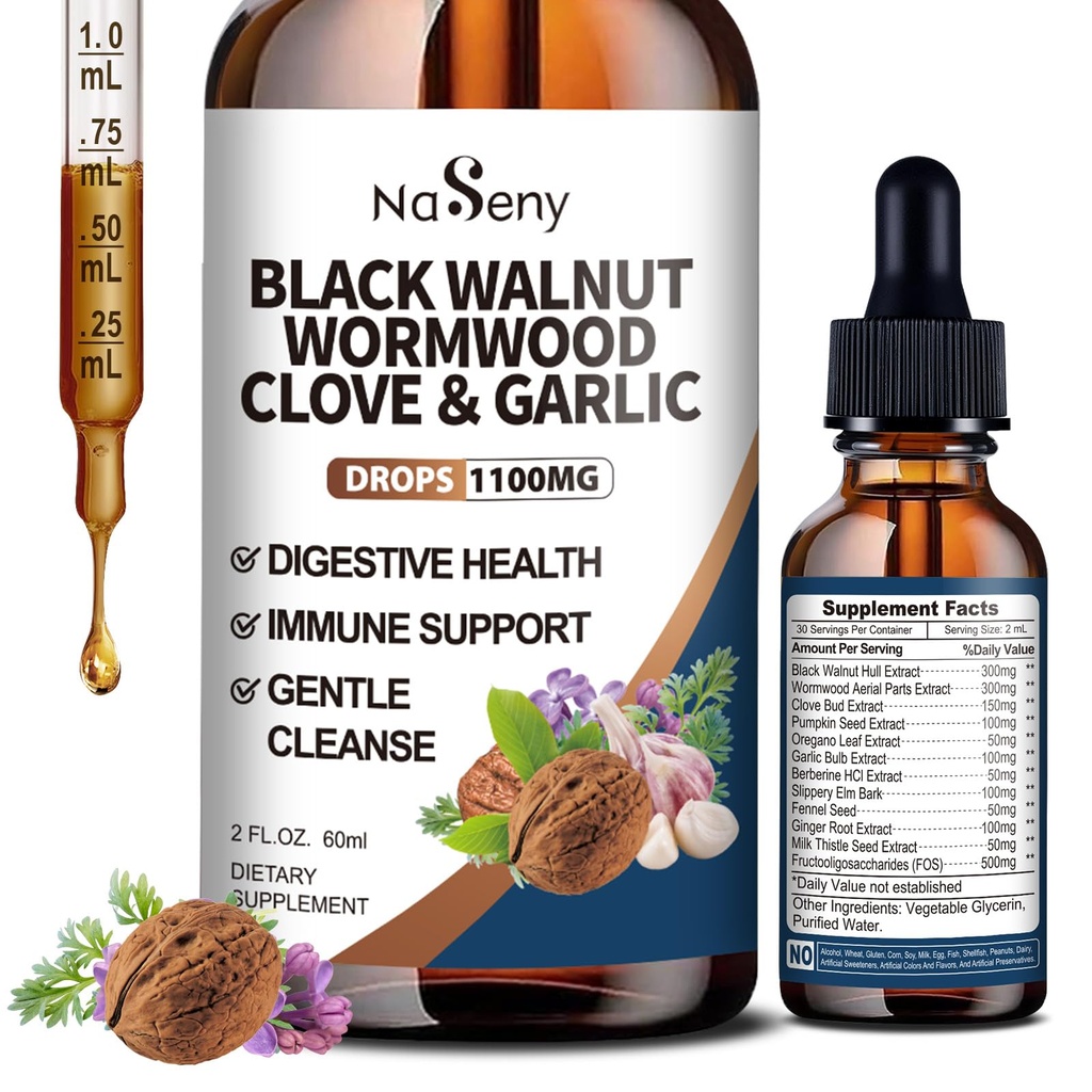 Wormwood Black Walnut Clove Drops for Humans – Gut Cleanse & Digestive Health Supplement with Garlic, Pumpkin Seed, Slippery Elm, Oregano, Berberine, FOS Prebiotic - 2 Fl oz