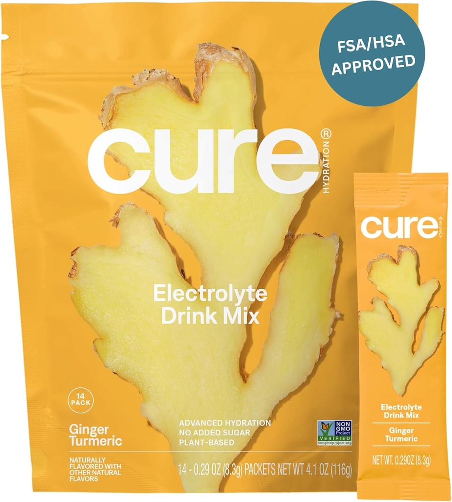 (原始内容存档于2018-09-04). Cure Hydrition QQ 植物型电解质 饮料 混合剂 没有添加的糖 FSA-HSA 使用椰水制成的脱水解药 ow N-GMO | Vegan | Pouch of 14 Packets - Ginger Turmeric