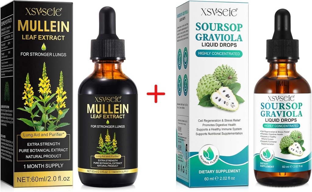 Mullein Drops for Lungs Cleans and Soursop Bitters Liquids, Mullein Leaf 提取带氯phy的丁香, Soursop 多维他明 Drops, 天然草药 男女补充剂