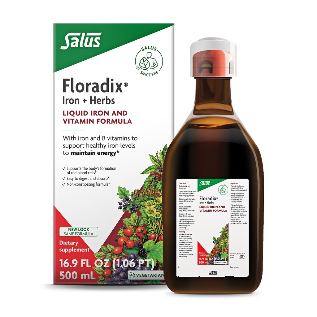 Floradix Iron & Herbs - 支持能源的液体草药补充剂 - 含有维生素C & Vitamin B 复合剂的铁药补充剂 - 供男女使用 - 16.9 fl oz