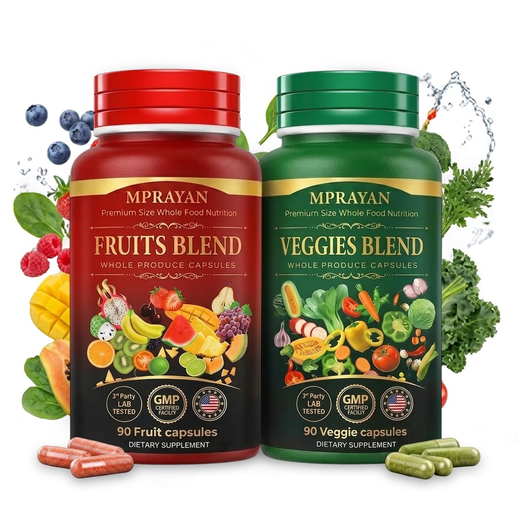 Fruits and Veggies Supplement for Daily Wellness, 90 Fruit + 90 Vegetable Supplement Bundle Packed with Minerals, Antioxidants & Vitamins for Men/Women, 180 Capsules, 30-Day Supply