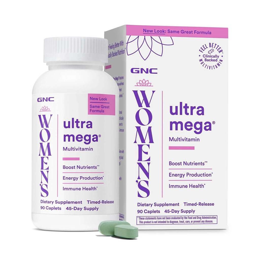 GNC Women’s Ultra Mega Multivitamin Caplets, Clinically Proven to Feel Better, Immune Support, Vitamin A, B, C, D, Iron, Biotin, Beauty, Gluten Free, Timed Release, 90 ct, 45 svgs