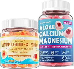 NEVISS 维生素 D3 5000IU + K2(MK-7) 120mcg + 钙 补充600mg,藻类钙 镁 2:1