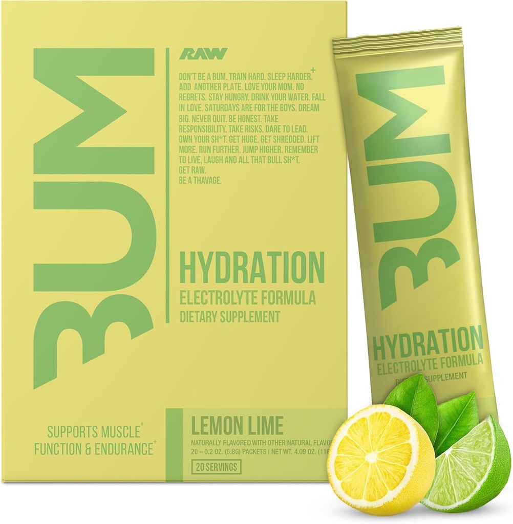 RAW Electrolytes Powrotion 饮用 Mix Packets, Bum Hydrates (Lemon Lime, 20 services) - 电解液 Hydrition Packets 支持肌肉功能与耐力 - Keto 自由電解液 Powroder Packets