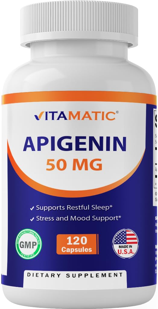 Vitamatic Apigenin 50mg per Capsule – 120 Vegetarian Capsules – Chamomile-Derived Bioflavonoid for Relaxation, Sleep & Mood Support – Senolytic Flavonoid for Healthy Aging – Non-GMO, Gluten Free