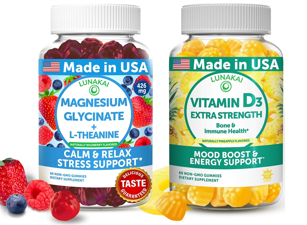 Lunakai USA Made Magnesium Glycinate & Vitamin D3 Gummies Bundle – Stress, Mood, and Immune Support