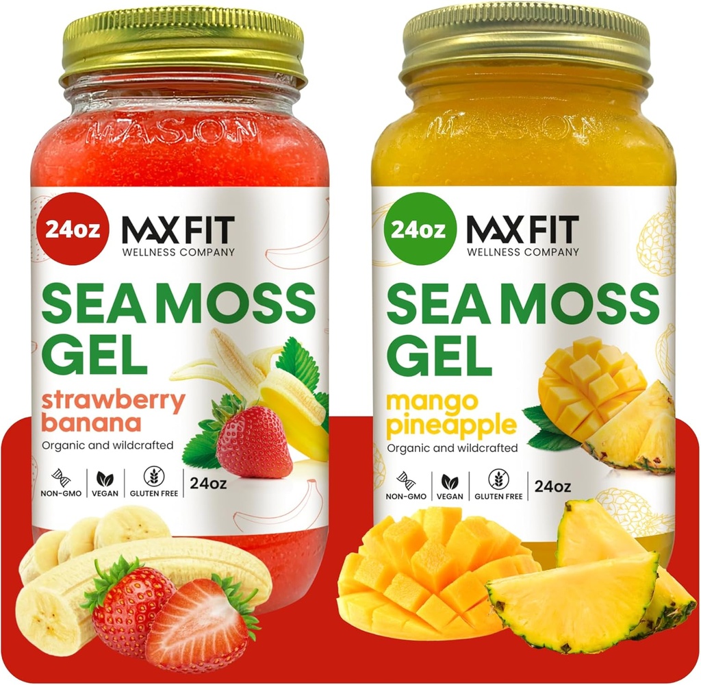 圣卢西亚的Sea Moss Gel有机原料(Bundle of 2 Jars 24oz) 草莓香蕉和芒果菠萝 野生金海 Moss Gel 92 维生素和矿物 纯Raw+非GMO | Vegan超级食品