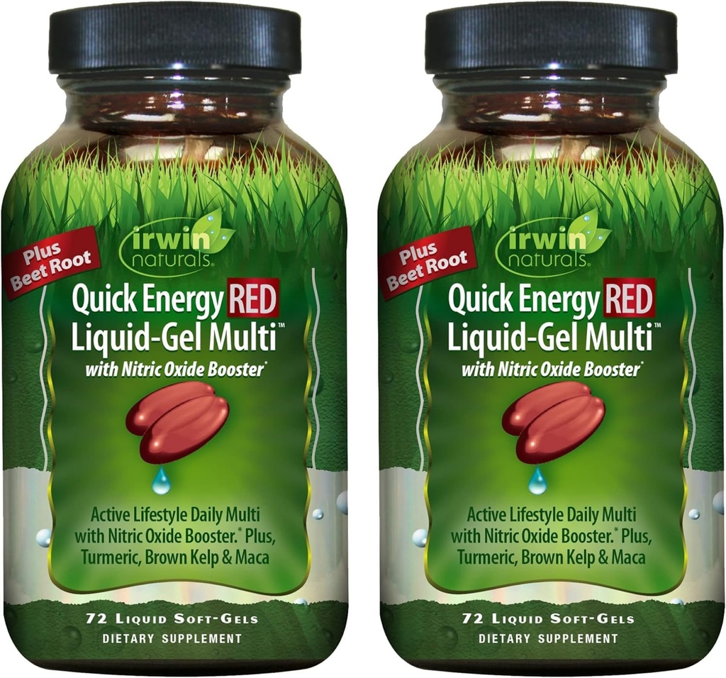 Irwin Naturals Quick Energy RED Liquid-Gel Multi – 72 Liquid Soft-Gels – Nitric Oxide + Energy Support - 2 Pack