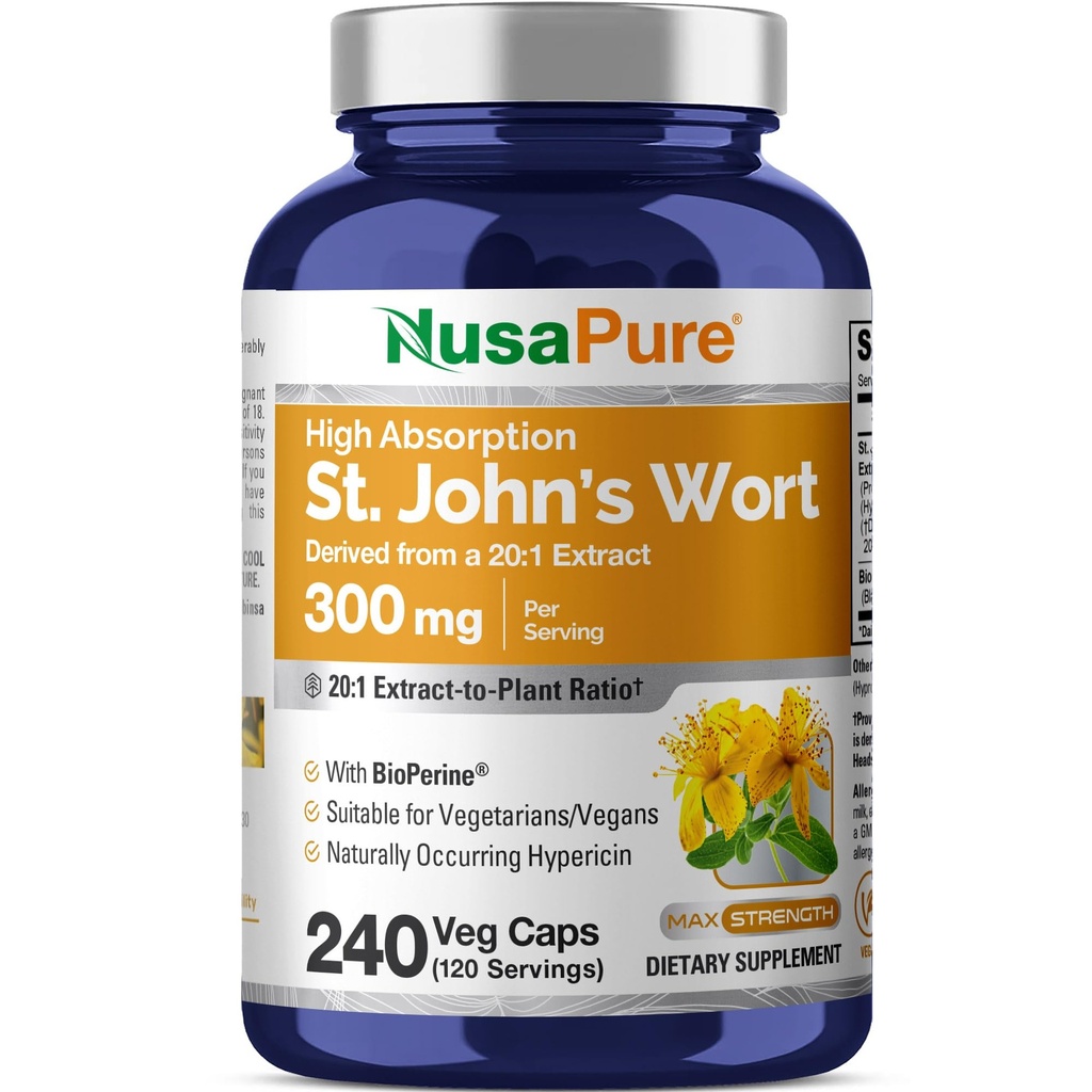 NusaPure St. John's Wort 20:1 提取物,300 mg 等效于 6000 mg 240 Veggie Capsules (Vegetarian,非GMO) Bioperine