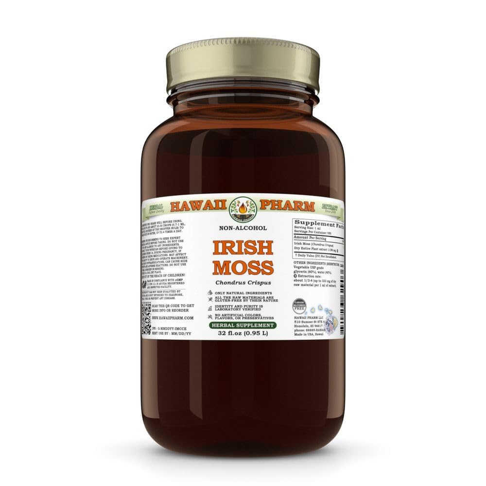 Irish Moss (Chondrus Crispus) Dry Entire Plant Glycerite, Made in Hawaii, All Natural, Vegan, Lab Tested Alcohol-Free Liquid Extract - 32 fl.oz