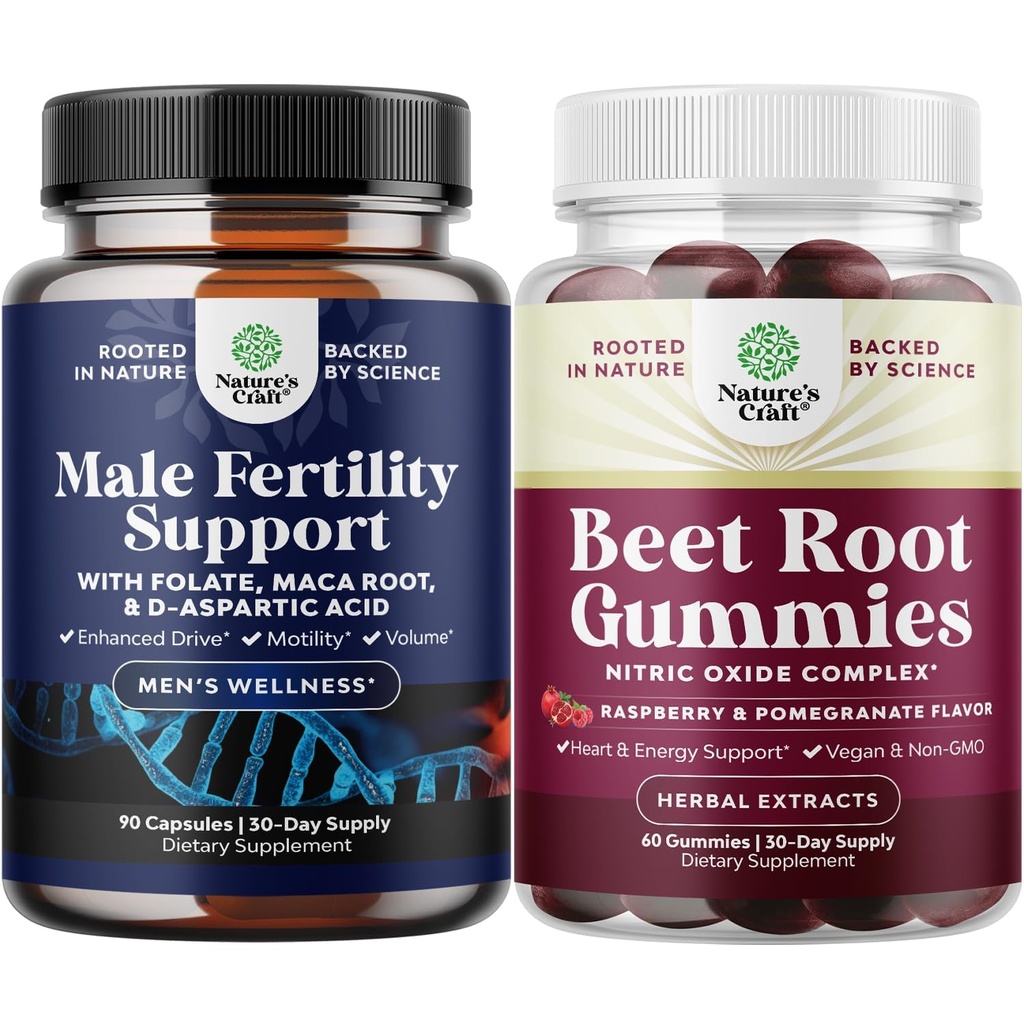 Bundle of Male Fertility Supplement for Enhanced Count Motility & Overall Fertility Support and Beet Root Gummies Invigorating Beet Gummies for Adults Nitric Oxide Energy & Heart Health Support
