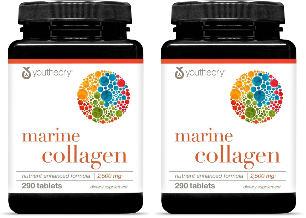 Youtheory Marine Collagen - 2,500 mg Hydrolyzed Collagen - Supports Skin* - Fish-Sourced Collagen - with Vitamin C, A, C, E, B6, B12 & More - Highly Digestible and Absorbable - 290 Tablets (Pack of 2)