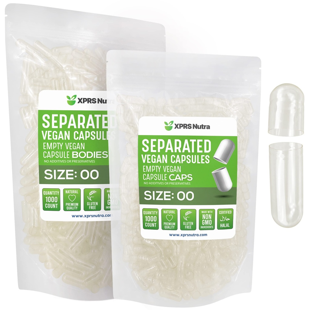 XPRS Nutra Vegan Size 00 Separated Capsules - 1000 Count Premium Empty Capsules Separated in Bags - Clear Empty 00 Pills for DIY Supplement Filling