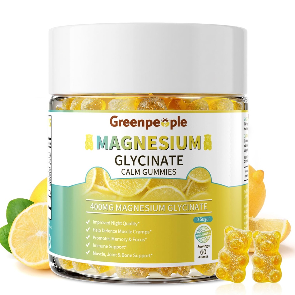 GREENPEOPLE Magnesium Glycinate Gummies 400mg - Sugar Free Magnesium Supplement with Magnesio Citrate, Vitamin D, and B6 for Calm Support & Sleep for Adults - High Absorption - Lemon Gummies