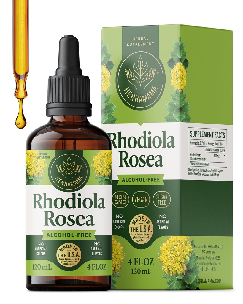 HERBAMAMA Rhodiola Rosea Extract - Rhodiola Rosea Supplement Drops for Mood & Calm Support - Vegan, Non-GMO, Alcohol & Sugar-Free Liquid Formula, 84-Day Supply