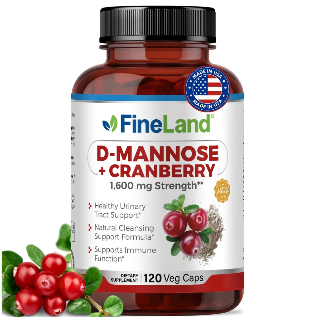 FineLand D-Mannose + Cranberry – 每架1600mg – 120 Vegan Capsules – Urinary Tract & Bladder 健康支持 – 非GMO,Gluten-Free,美国制造