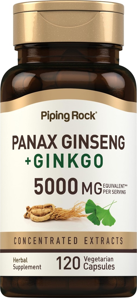 Piping Rock Panax Ginseng & Ginkgo Biloba 补充 + 5000 mg + 120 capsules + 与黑胡椒提取 + 蔬菜,非GMO 和 Gluten 免费补充