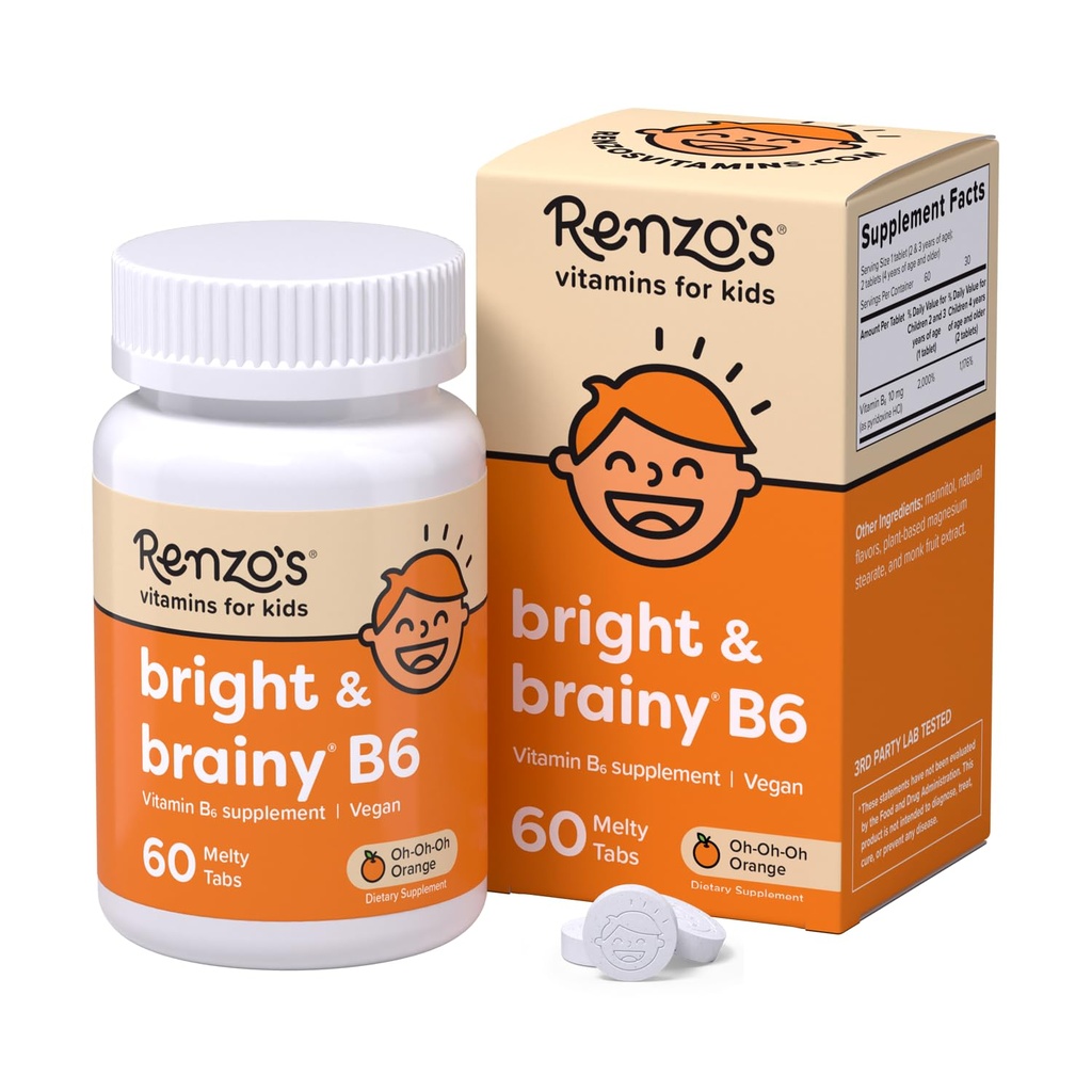 Renzo的明亮和聪明的维生素B6, 解散孩子维生素B6, 60个无糖糖味标签, Oh Oh Oh 橙色火焰