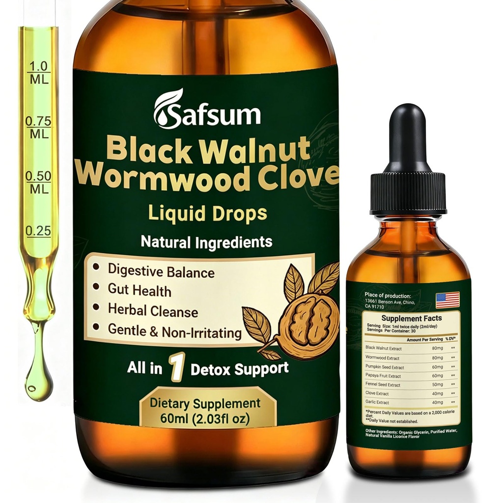 Black Walnut Wormwood Clove Liquid Drops - Natural Herbal Cleanse & Digestive Balance Support, Gut Health Wormwood Tincture with Pumpkin Seed, Papaya, Fennel & Garlic, Non-Irritating Drops for Adults