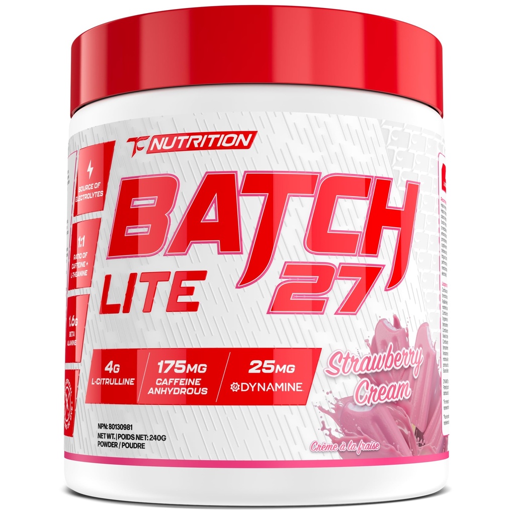Batch 27 LITE Pre Workout Powder - Clean Energy, Muscle Pumps, Strength & Endurance - L Citrulline, Beta Alanine, Caffeine, Dynamine, & Electrolytes - 20 Servings, Peach Rings (Strawberry Cream)