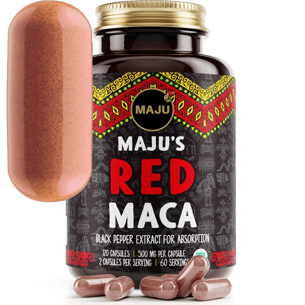 Maju 超级食品 有机红麦卡根 Capsules 120ct - 女性焦点曲线增强 营养 助推药,增益 Thips, Powder in Pill 补充药