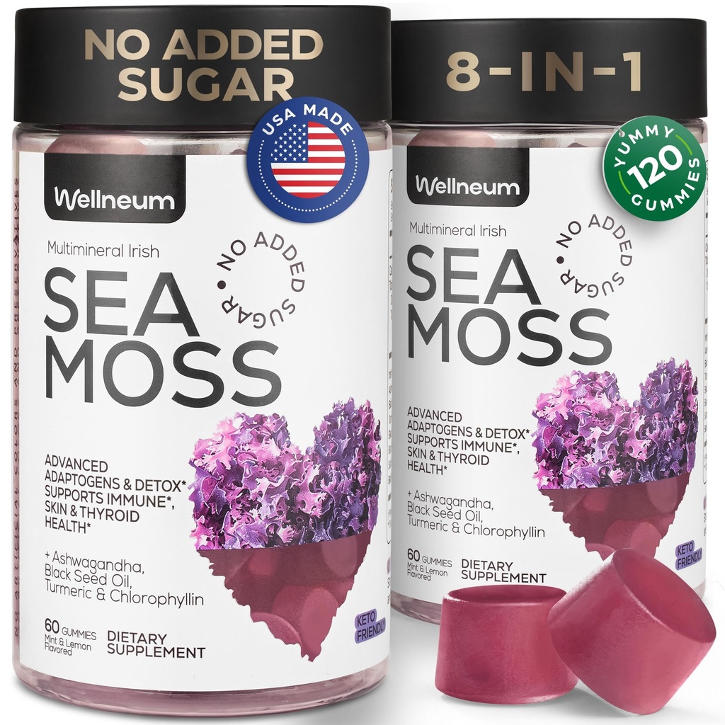 多矿海 Moss Gummys 3000 Mg 与Probiotic, Bladderwrack, 黑种子油, Ashwagandha, Burdock Root (2 Pack) - 爱尔兰海摩人争取豁免,甲状腺和古特健康 - Vegan, 无糖