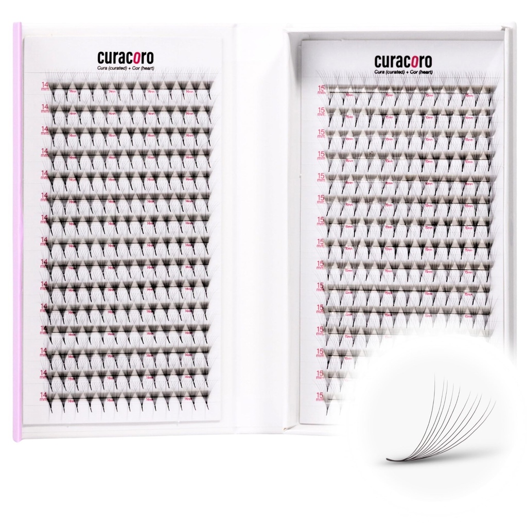 Curacoro XL Lite Promade Wide Fans 10D-0.03 Volume Lashes C Curl 10-12mm Length Handmade Lightweight Lash Fans for Soft Fluffy Eyelash Extensions