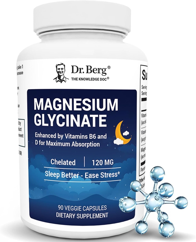 Berg Magnesium Glycinate博士用维生素D和B6来缓解压力、冷静、放松和良好的睡眠* - 120毫克 镁 Bisglycinate Capsules - 高吸收 Chelated Glycinate - 90 cap