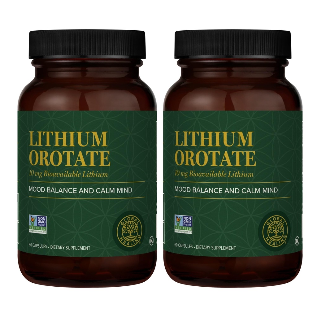 Global Healing Center - Lithium Orotate 10mg - Non-GMO, Gluten Free, Vegan Friendly Brain Health Lithium Supplement for Supporting Mood, Function, and Clarity (60 Capsules) (2-Pack)