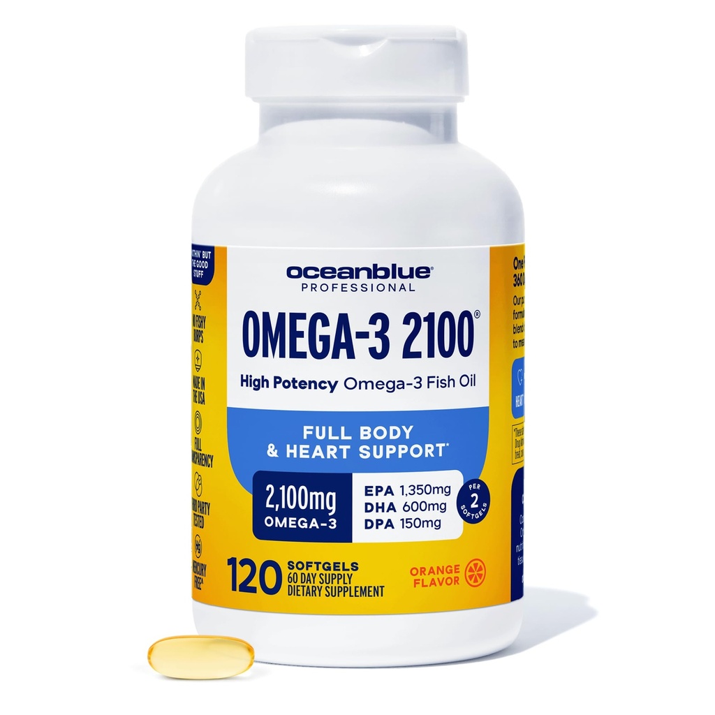 海洋蓝专业Omega 3 2100-120 cm - 高概率三重强度无鱼油 与环保局,DHA & DA - 野生捕捉 - 天然橙色Flavor, 60种服务