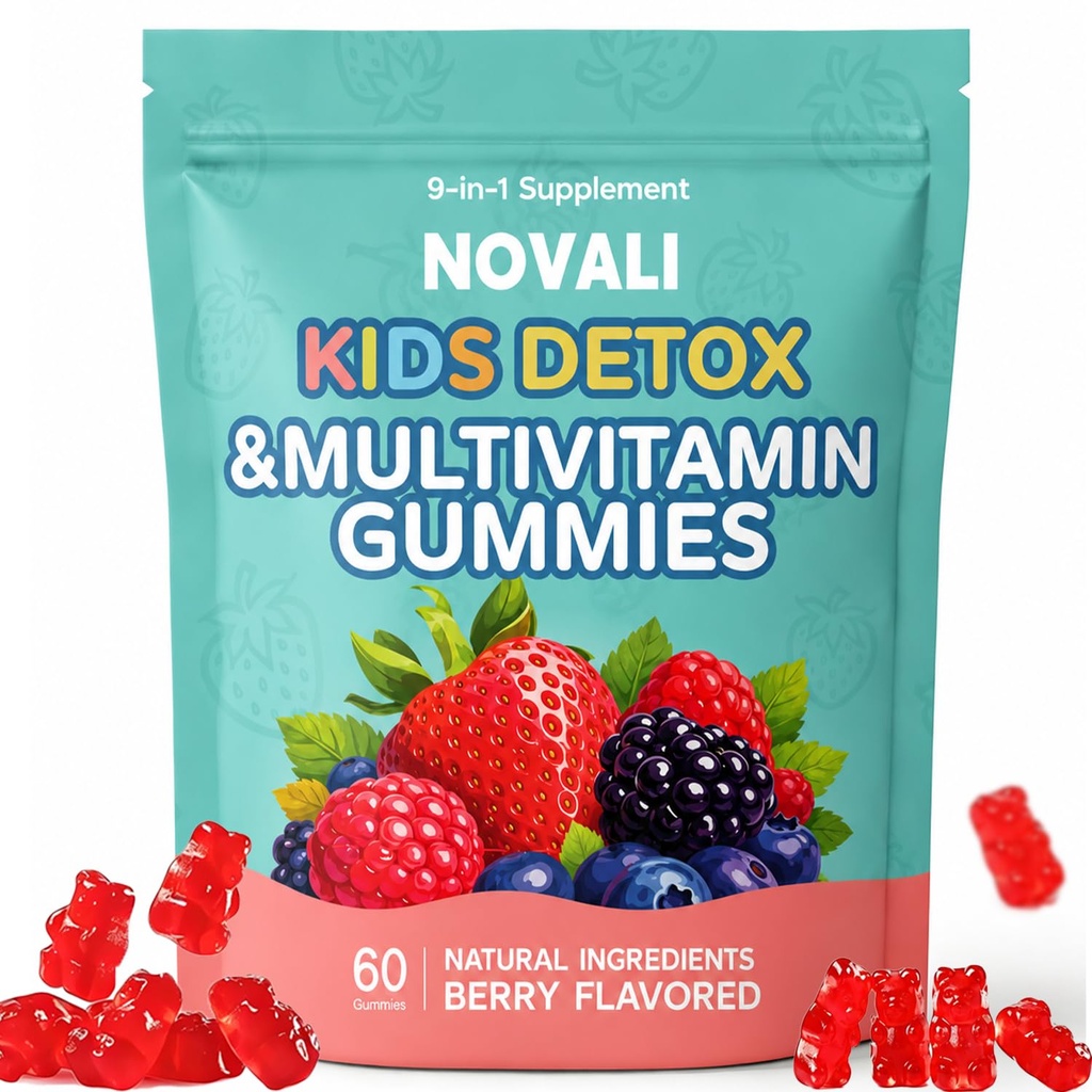 Novali Zeolite Kids Detox Gummies, Mixed Berry Flavor with Vitamin C, Vitamin D3, B12 for Energy, Focus, Digestive, Immune, Antioxidant, 60 Gummies